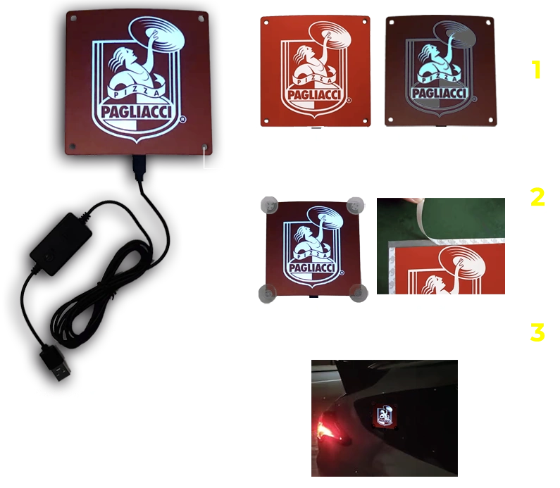 Diagram showing how EL car stickers work, showing design fully lit up with 5V USB plug as well as printed design turned off, and the different ways to attach it to your vehicle through suction cups or double sided tape