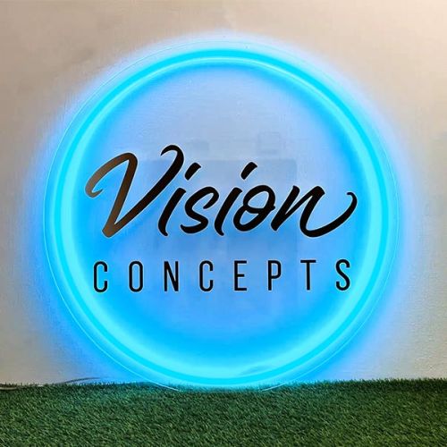 round neon sign with UV printed logo in center glowing brightly