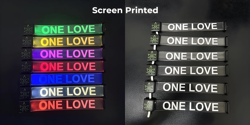 Magnetic LED bracelet with screen printed logo on and off