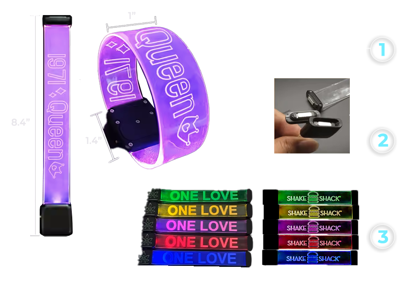 Diagram of an XL LED wristband with magnetic clasp that can be customized with laser engraved or screen printed logo