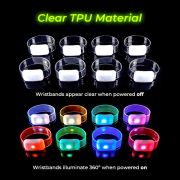 Diagram showing 8 led wristbands turned off with clear TPU material compared with 8 led wristbands turned on that are each glowing a different neon color