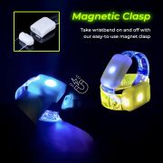 Magnetic clasp on XL LED wristbands shown putting on wrist with clasp open next to two bracelets with the clasp closed