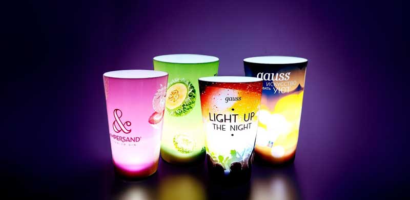 4 glowing light up cups with custom logo wraps