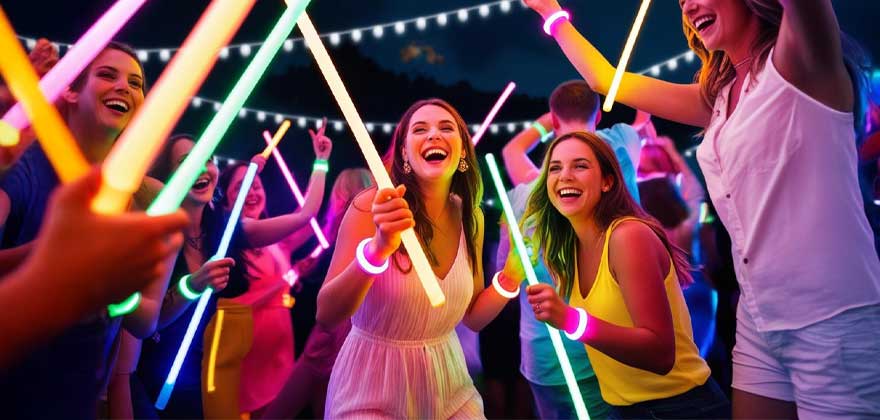 group of people partying with light up glowing wands and flashing wristbands