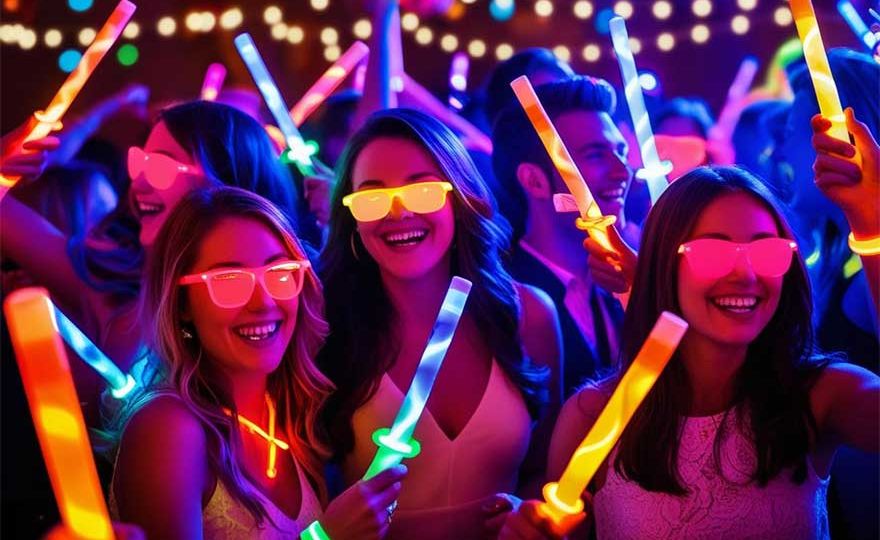 3 girls at a glow party holding light up wands, light up sunglasses under black light