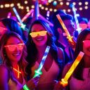 3 girls at a glow party holding light up wands, light up sunglasses under black light