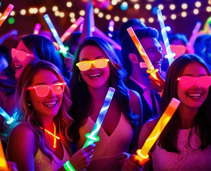 3 girls at a glow party holding light up wands, light up sunglasses under black light
