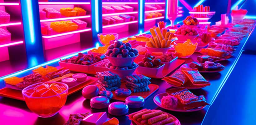 trays of neon snacks for glow party