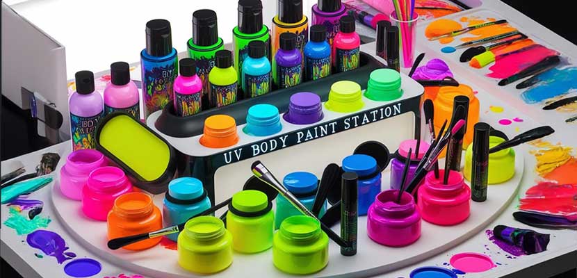 UV paint station for body painting at glow party
