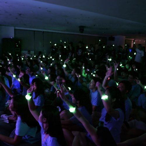 Crowd at event waving green LED bracelets in air