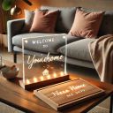 Bright living room scene featuring a couch, coffee table, and a light-up lamp with "welcome to your home" text