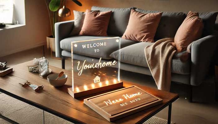 Bright living room scene featuring a couch, coffee table, and a light-up lamp with "welcome to your home" text