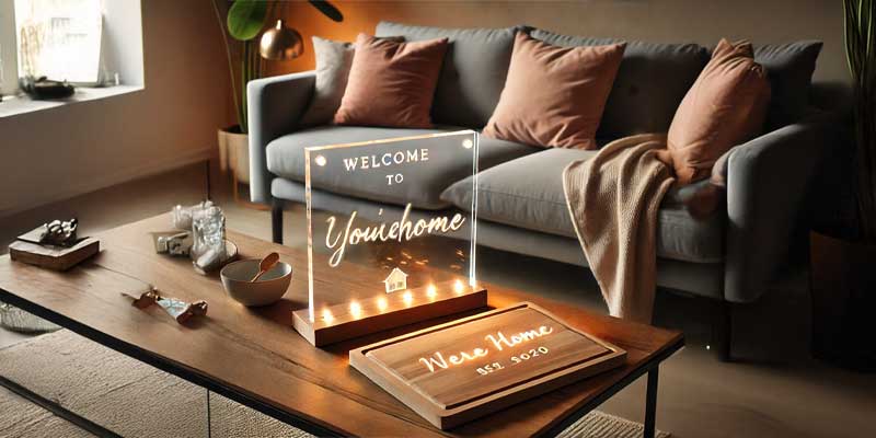 Bright living room scene featuring a couch, coffee table, and a light-up lamp with "welcome to your home" text