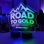 Cut to shape, battery powered LED acrylic centerpiece with glowing edge lighting and dual LED bases.