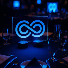 Large acrylic LED table centerpiece sign with blue glow and dual bases at an event.