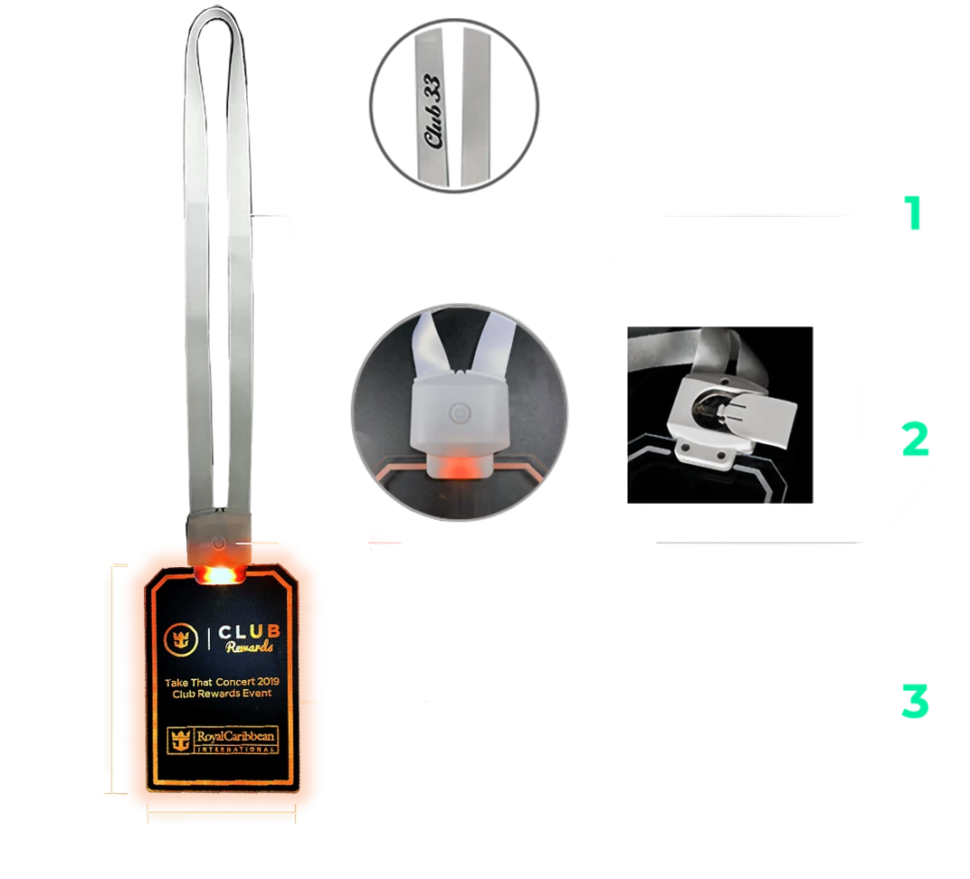 Diagram highlighting features of an LED Badge on nylon lanyard with custom club logo