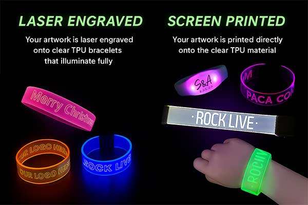 Comparison of laser engraved and screen printed party LED bracelets, showing different text and logos illuminated.