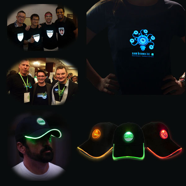 A collection of photos featuring people in bright light up shirts and LED hats, celebrating illuminated apparel