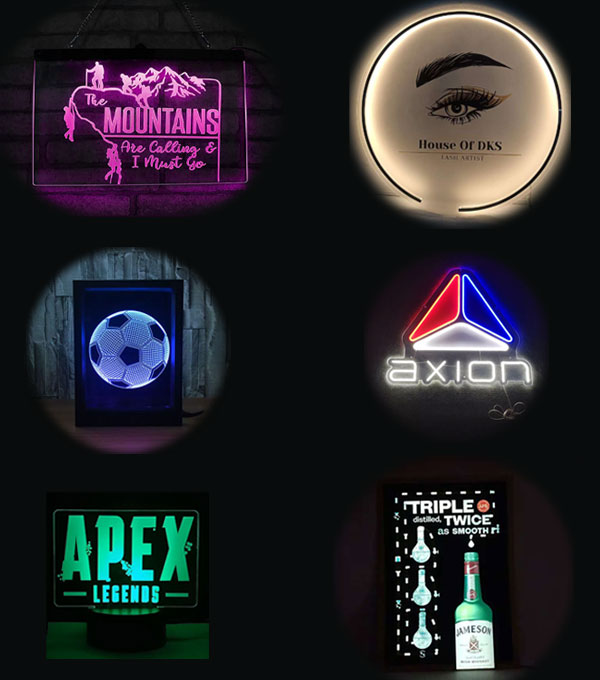 Brightly colored neon signs and lights, featuring animated posters and framed acrylic signs for business promotion