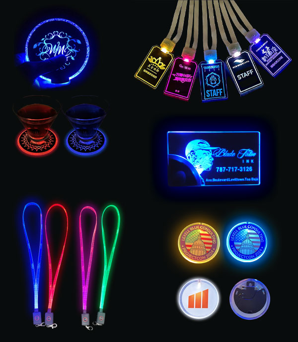 Assorted light up promotional items, such as LED lanyards, button pins, coasters, and business cards, illuminated