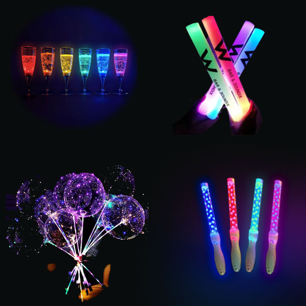 Bright remote controlled light sticks and LED balloons, along with LED champagne glasses and foam sticks