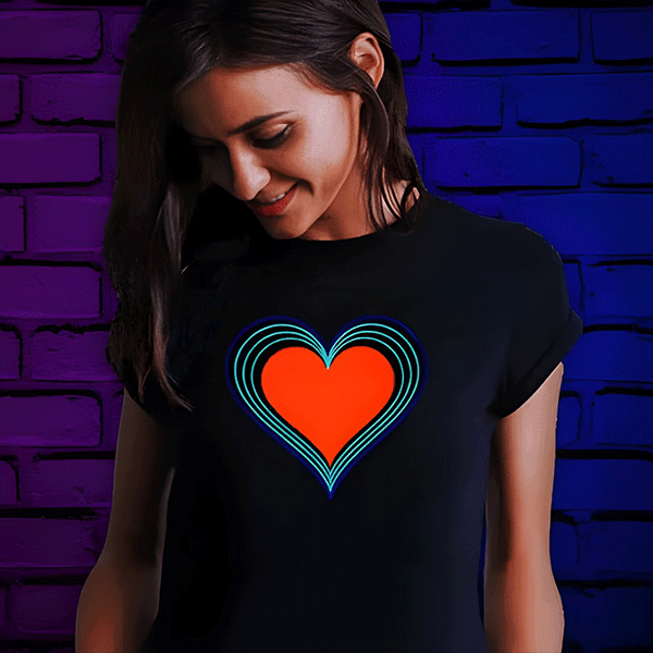 Brunette woman smiling looking down at her rainbow heart LED t-shirt animating to sound and music