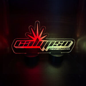 Custom cut-to-shape LED acrylic branded centerpiece at a company event